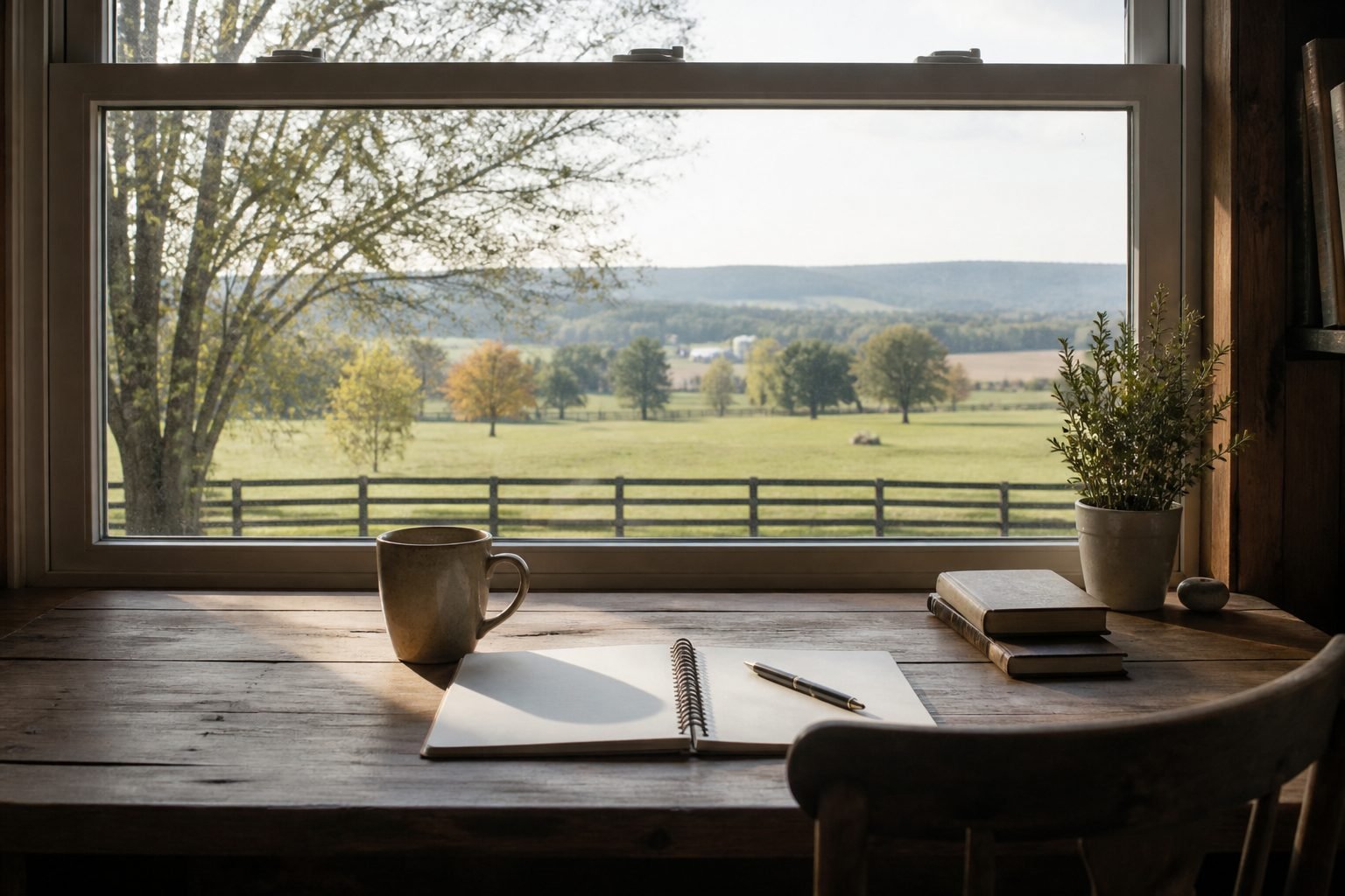 Desk by a window overlooking a pasture