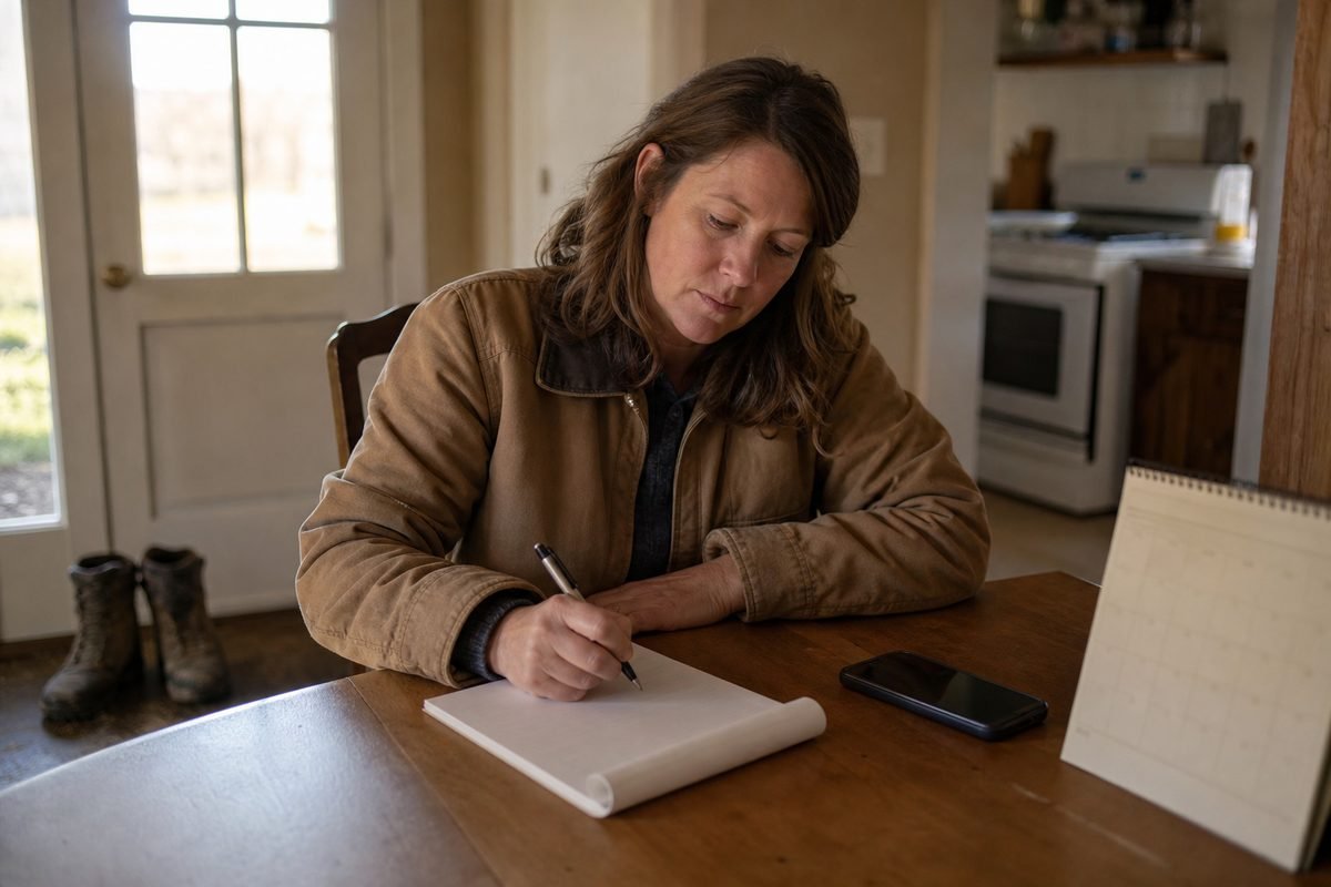 Writing a showing time at a kitchen table