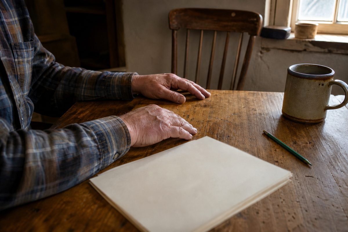 Hands reviewing listing papers at a kitchen table