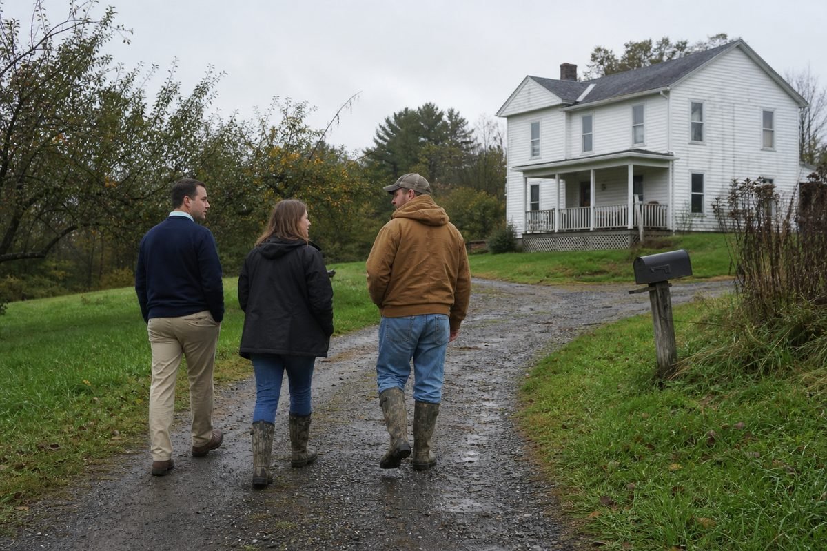 An agent walking buyers up to a house