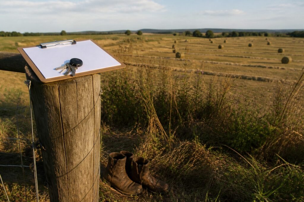 Clipboard and keys on a fence at a hay field