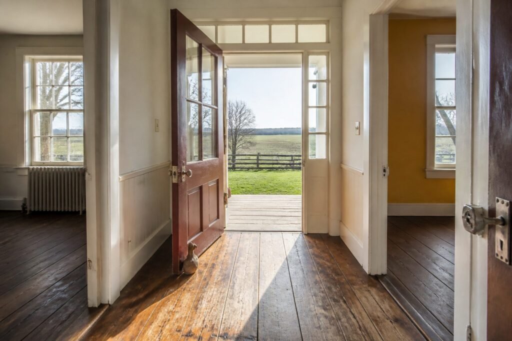 Open farmhouse door looking out to pasture